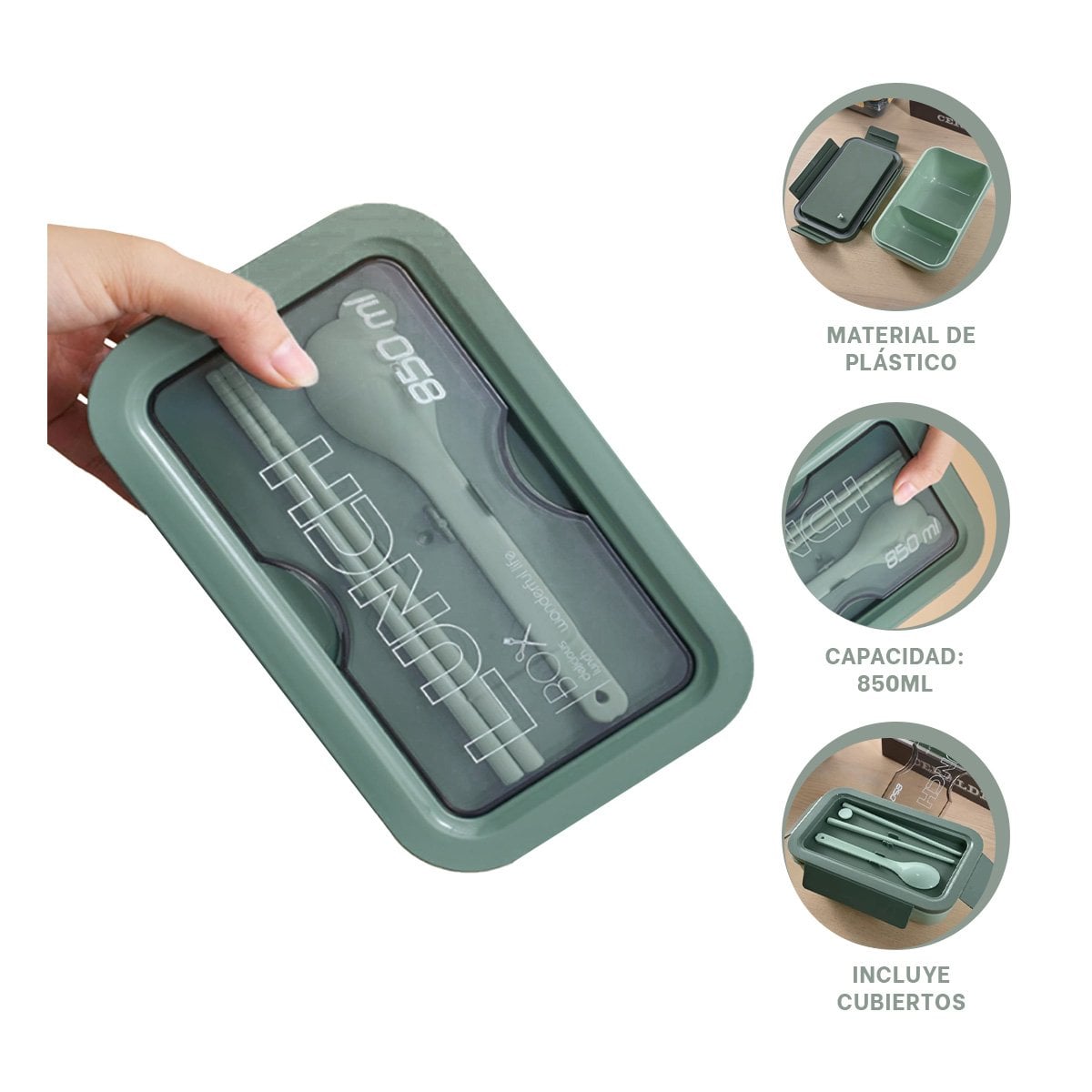TAPER PRÁCTICO 850ML CON CUBIERTOS VERDE PARA COMIDAS FAMILIARES Y PICNIC Y+POST IT - 5