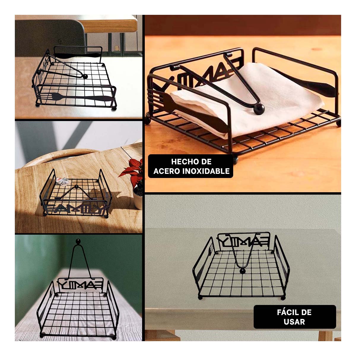 SERVILLETERO NEGRO EN ACERO INOXIDABLE CON BASE ESTABLE PARA MESA Y USO DIARIO EN COCINA - 2