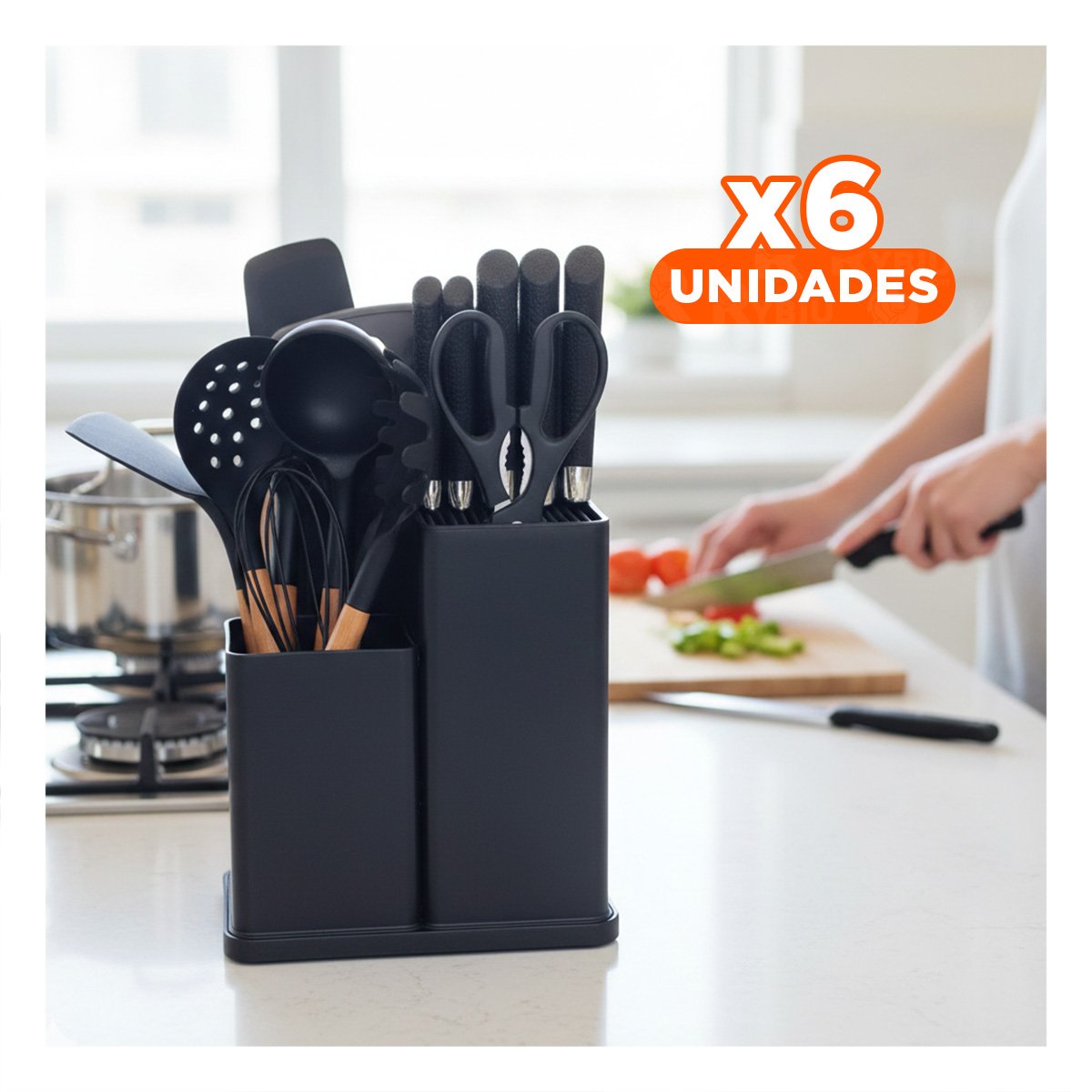 PACK6 EQUIPO ACERO INOXIDABLE 18 PIEZAS PARA COCINA PROFESIONAL NEGRO Y+PAPEL REGALO - 1