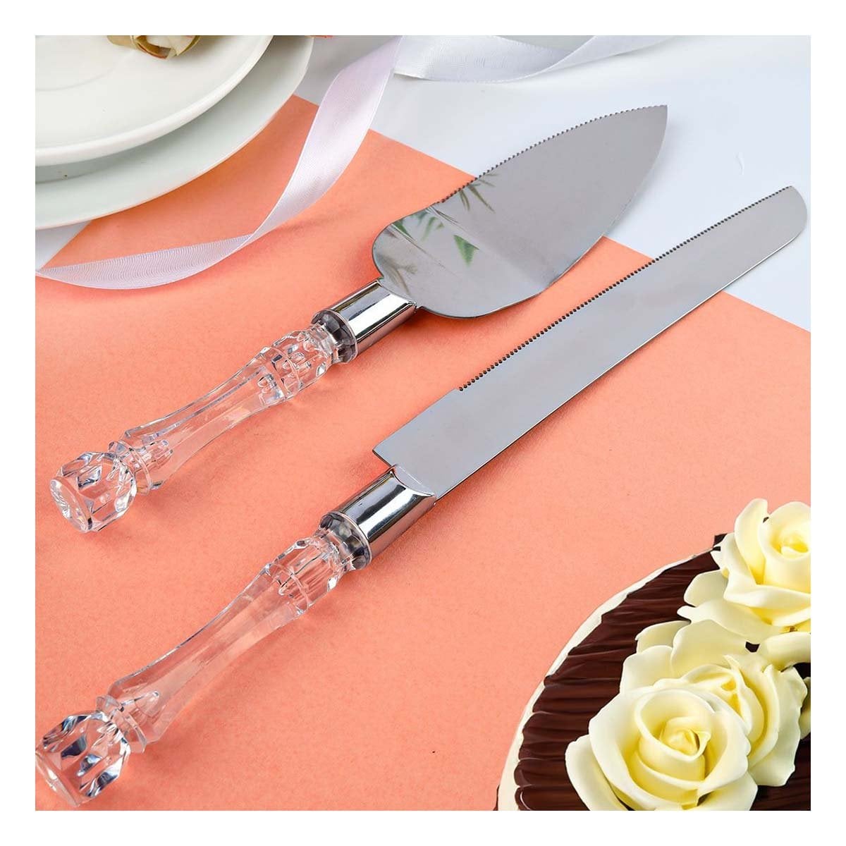 KIT DE CUCHILLOS DE PASTEL Y ESPATULA MANGO DE ACRILICO PLATEADO Y+PAPEL REGALO - 1