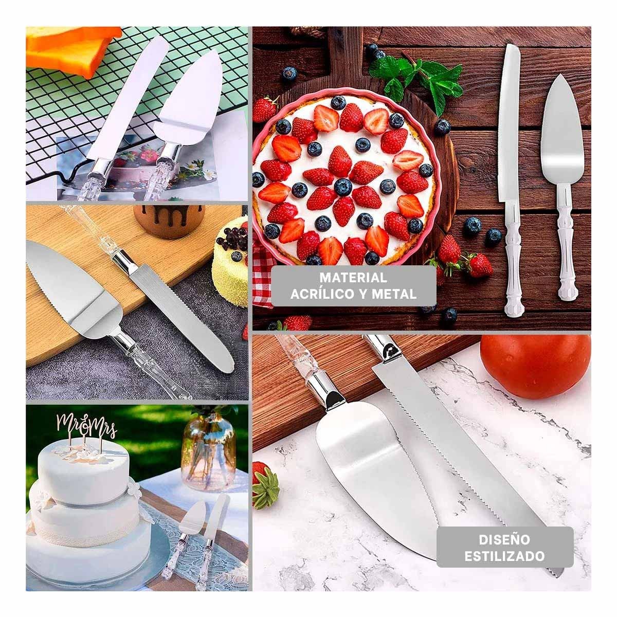KIT DE CUCHILLOS DE PASTEL Y ESPATULA MANGO DE ACRILICO PLATEADO Y+PAPEL REGALO - 3