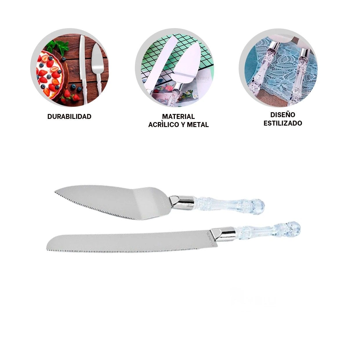 KIT DE CUCHILLOS DE PASTEL Y ESPATULA MANGO DE ACRILICO PLATEADO Y+PAPEL REGALO - 5