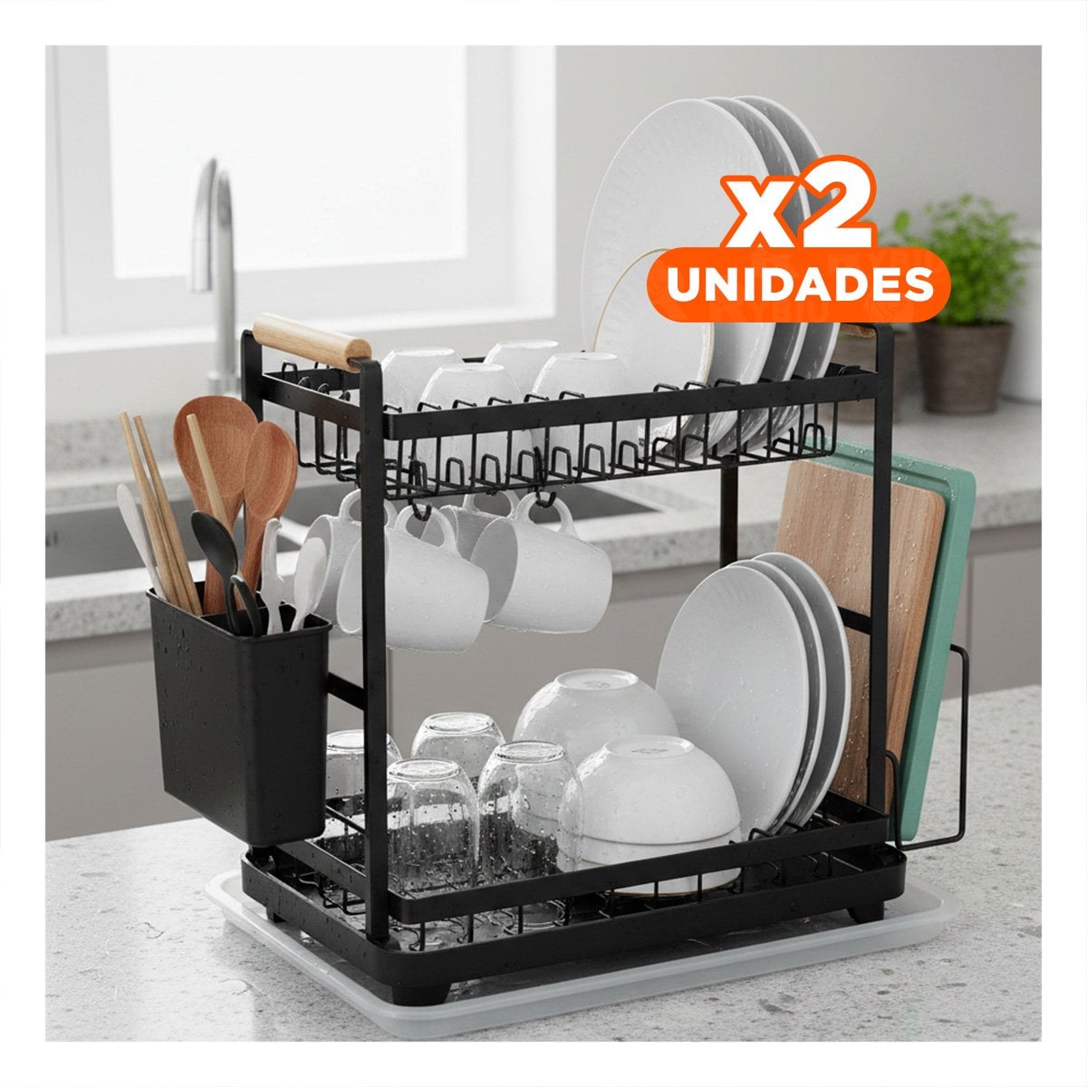 PACK2 SECADOR DE COCINA COMPACTO CON BASE DE MADERA Y BANDEJA NEGRO YPAPEL REGALO - 1