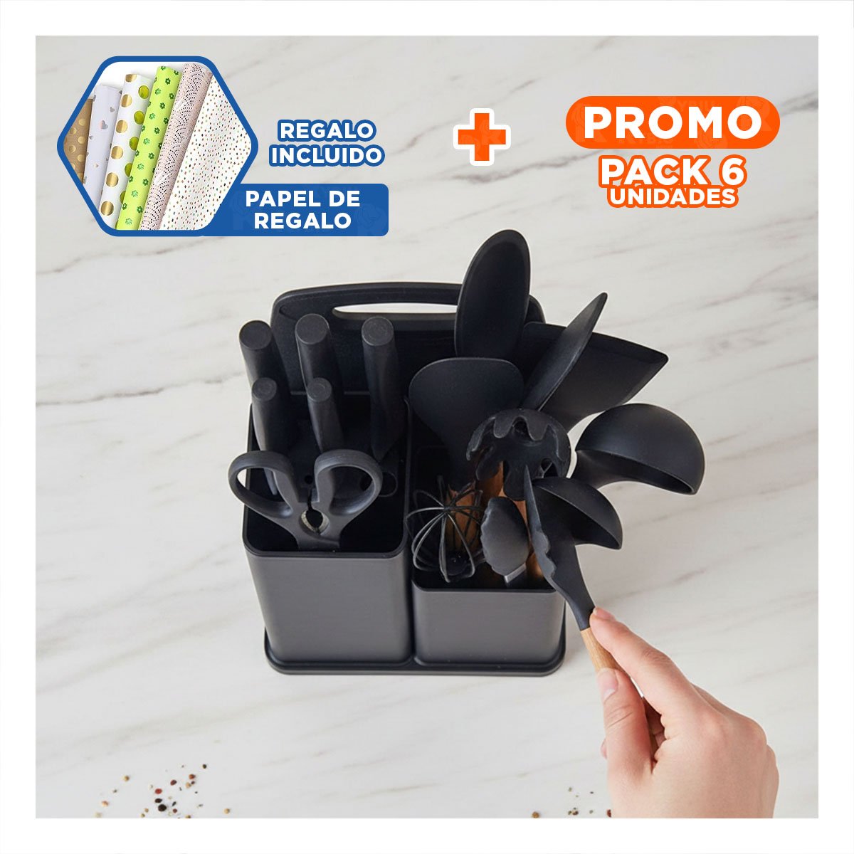 PACK6 EQUIPO COCINA PROFESIONAL CON TABLA 18 PIEZAS NEGRO INOXIDABLE Y+REGALO STICKER - 1