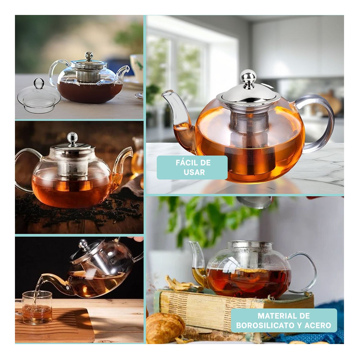 TETERA DE INFUSION 900ML TRANSPARENTE CIRCULAR CON BOROSILICATO Y ACERO YPAPEL REGALO - 3