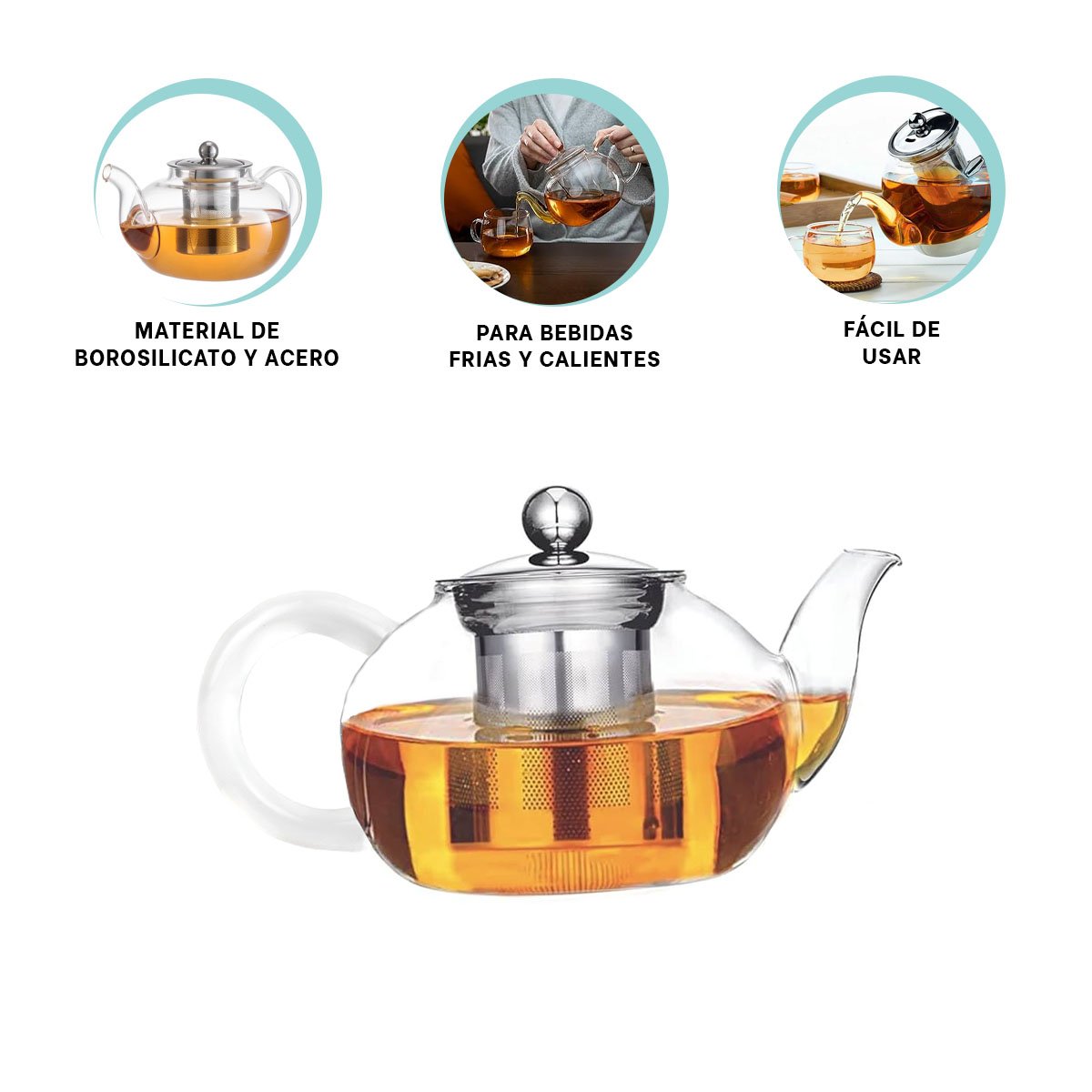 TETERA DE INFUSION 900ML TRANSPARENTE CIRCULAR CON BOROSILICATO Y ACERO YPAPEL REGALO - 5