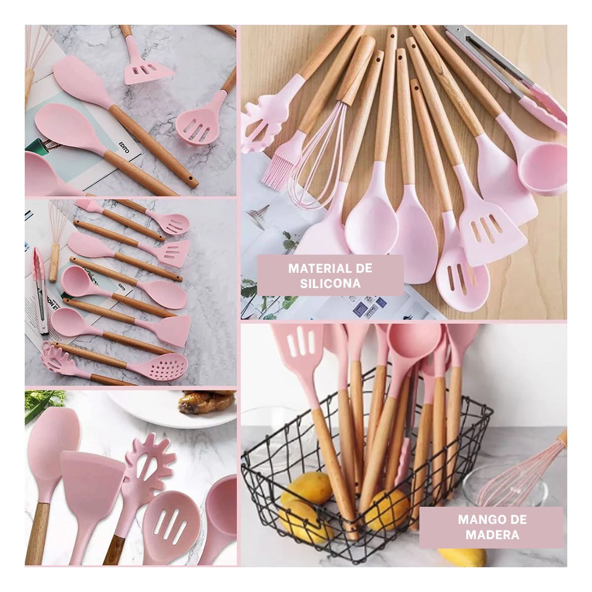 SET COMPLETO DE 12 PIEZAS EN SILICONA COLOR ROSADO PARA PREPARACION DE ALIMENTOS Y+PAPEL REGALO - 3