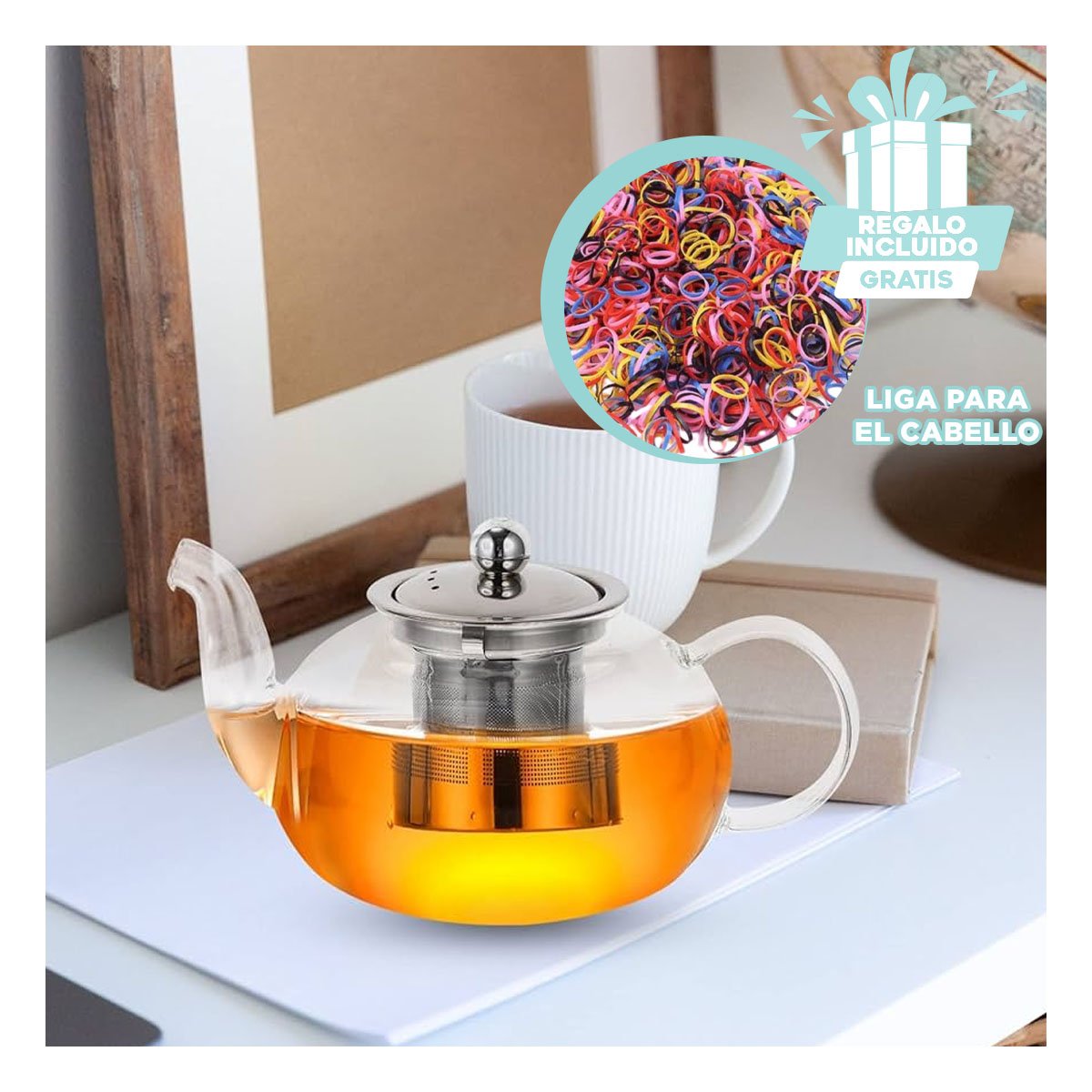 TETERA TRANSPARENTE 900ML DE FORMA CIRCULAR EN BOROSILICATO Y ACERO YLIGAS REGALO - 2