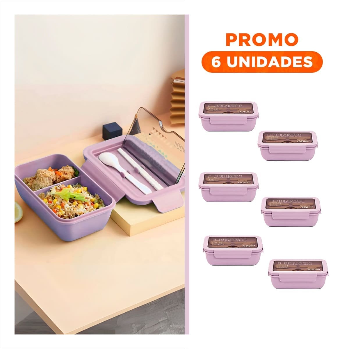 PACK6 RECIPIENTE 1100ML MORADO CON CUBIERTOS Y DISTRIBUCION SEPARADA Y+REGALO STICKER - 1