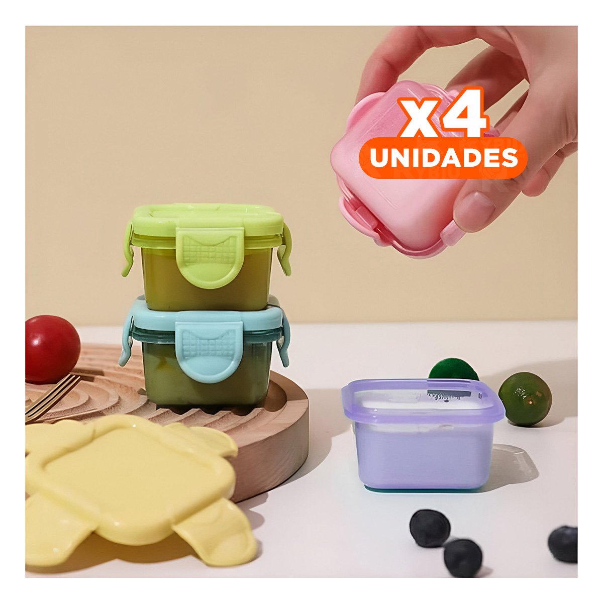 PACK4 CAJAS MINI CON SEGURO 4 PIEZAS MULTICOLOR 7X4CM PARA COCINA Y TRANSPORTE Y+REGALO STICKER - 1