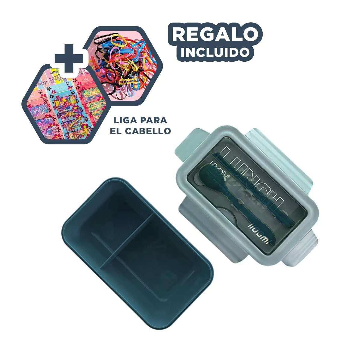 TAPER PARA ALMUERZO 1100ML AZUL CON CUBIERTOS Y SEPARACION INTERIOR DOBLE Y+LIGAS REGALO - 2