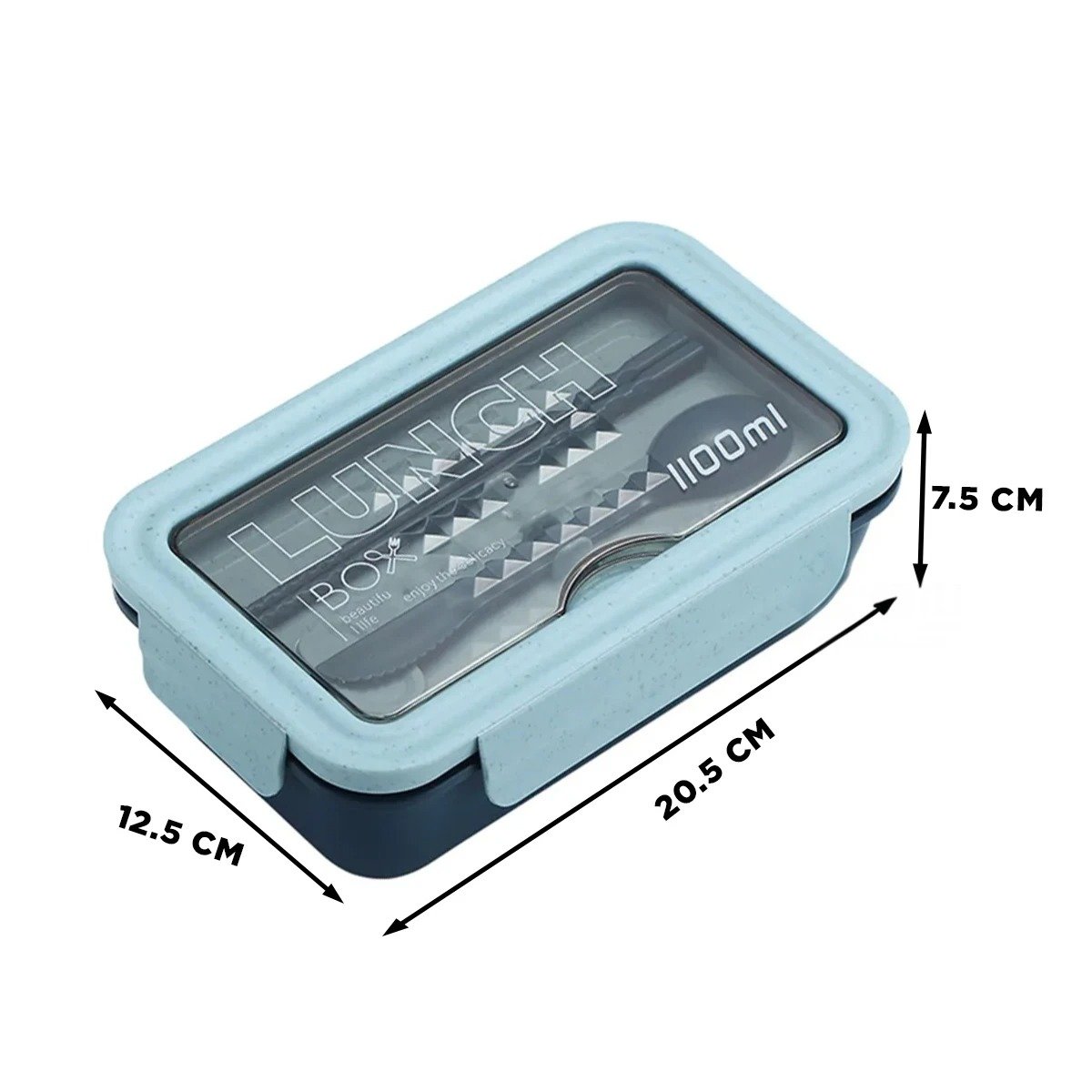 TAPER PARA ALMUERZO 1100ML AZUL CON CUBIERTOS Y SEPARACION INTERIOR DOBLE Y+LIGAS REGALO - 4