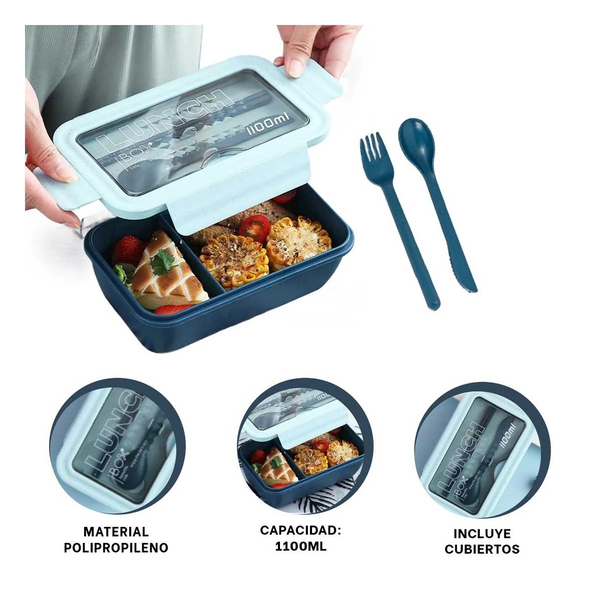 TAPER PARA ALMUERZO 1100ML AZUL CON CUBIERTOS Y SEPARACION INTERIOR DOBLE Y+LIGAS REGALO - 5