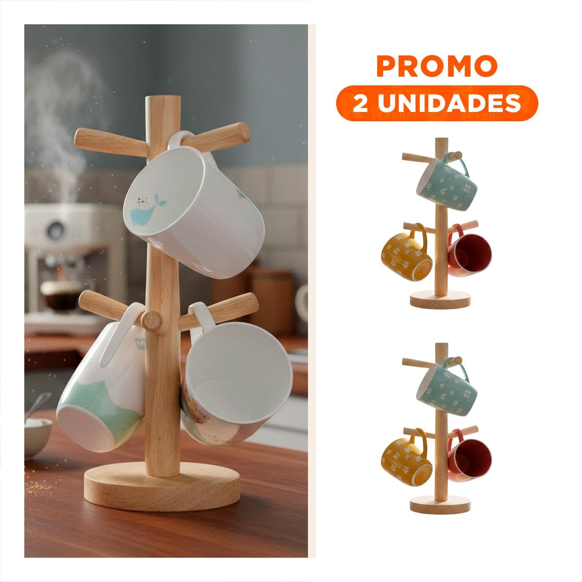 PACK2 PORTA TAZAS PARA COCINA CON CAPACIDAD DE 6 UNIDADES EN MADERA YREGALO STICKER - 1