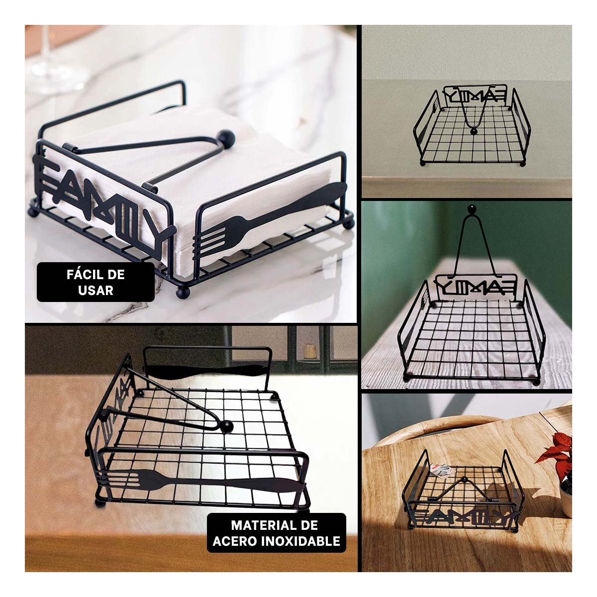 SERVILLETERO DE MESA COLOR NEGRO CON ESTRUCTURA EN ACERO INOXIDABLE PARA HOGAR Y+PAPEL REGALO - 3