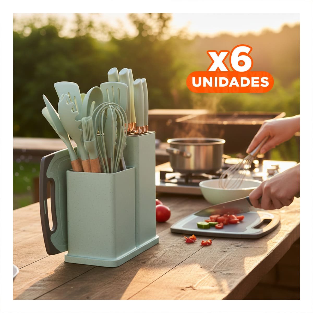PACK6 EQUIPO COCINA PROFESIONAL CON TABLA 18 PIEZAS VERDE INOXIDABLE Y+REGALO STICKER - 1