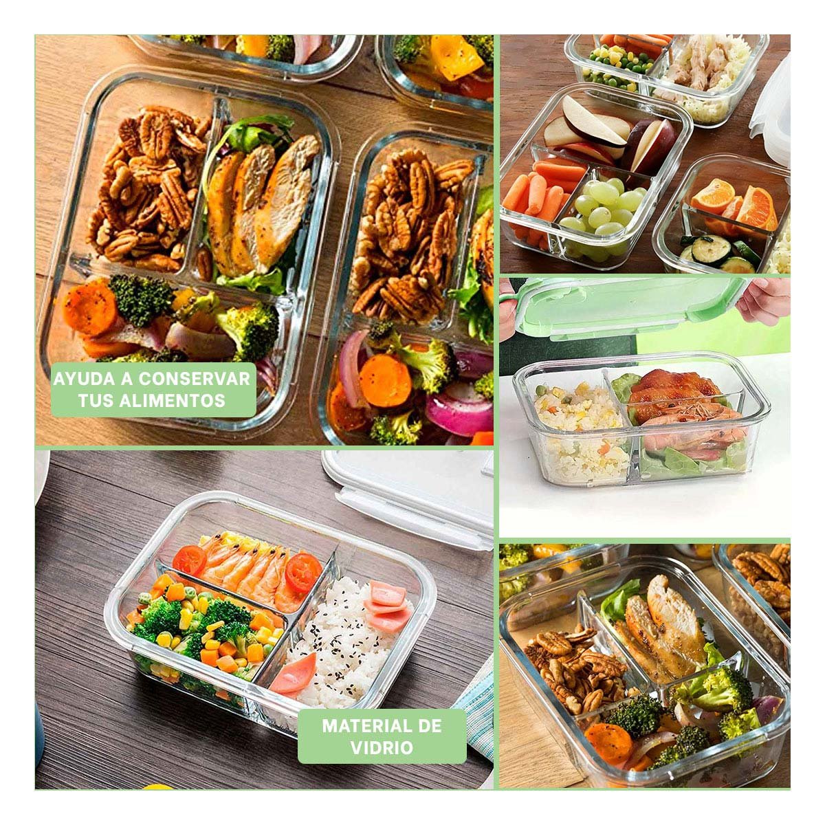ENVASE DE VIDRIO VERDE CON 3 DIVISIONES PARA GUARDAR COMIDA EN HOGAR Y+PAPEL REGALO - 3