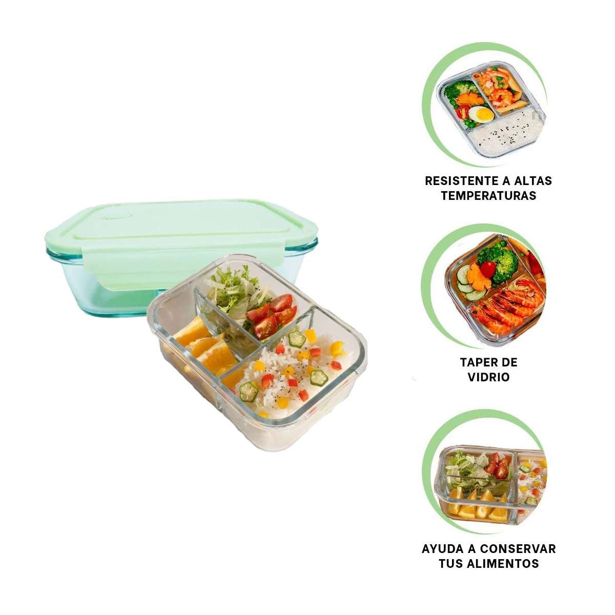 ENVASE DE VIDRIO VERDE CON 3 DIVISIONES PARA GUARDAR COMIDA EN HOGAR Y+PAPEL REGALO - 5
