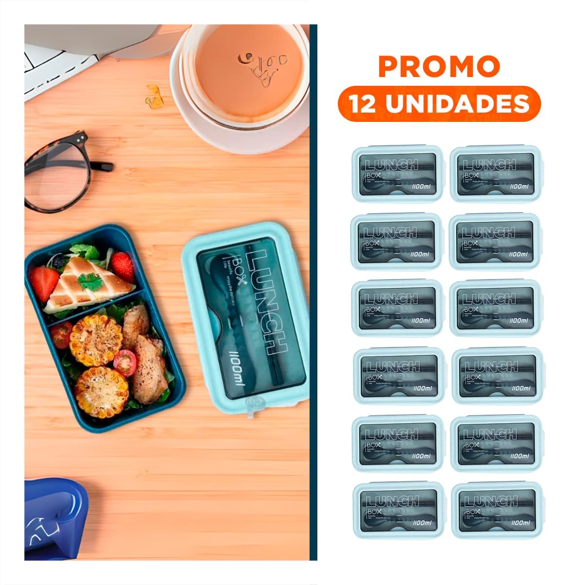 PACK12 RECIPIENTE CON SEPARACION INTERNA EN DOS AZUL 1100ML INCLUYE CUBIERTOS - 1