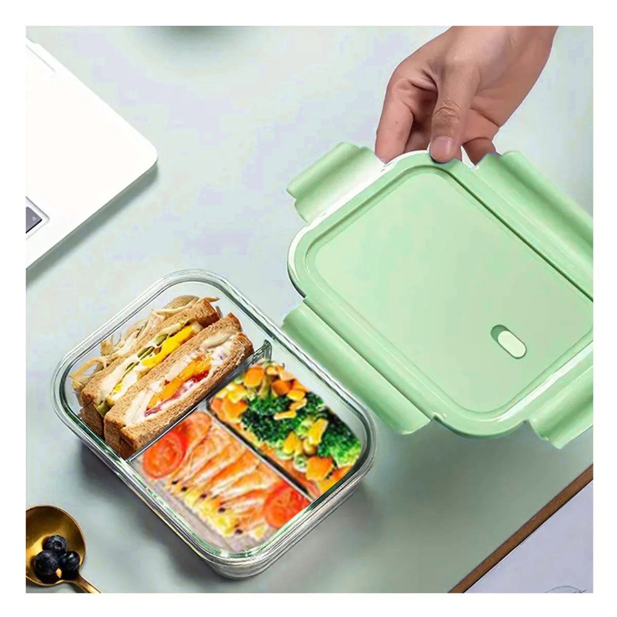 PACK4 CONTENEDOR DE COCINA EN VIDRIO VERDE CON 3 DIVISIONES SEGURAS Y+REGALO STICKER - 5