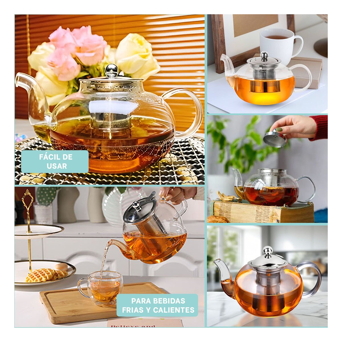 PACK6 INFUSOR 900ML TRANSPARENTE CON FORMA CIRCULAR EN BOROSILICATO Y ACERO YPAPEL REGALO - 3