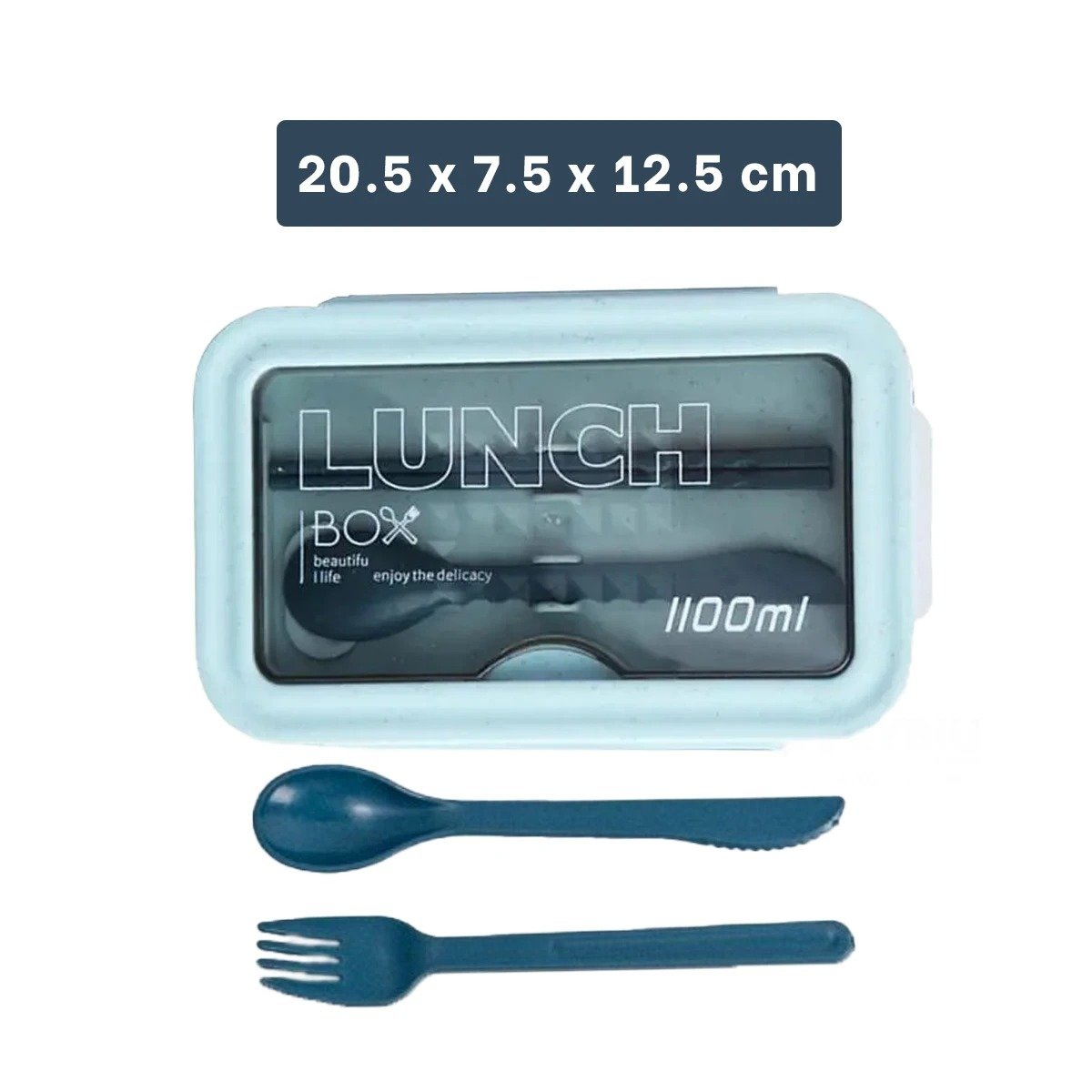 TAPER CON DOS COMPARTIMENTOS EN AZUL Y CAPACIDAD 1100ML CON CUBIERTOS Y+REGALO STICKER - 4