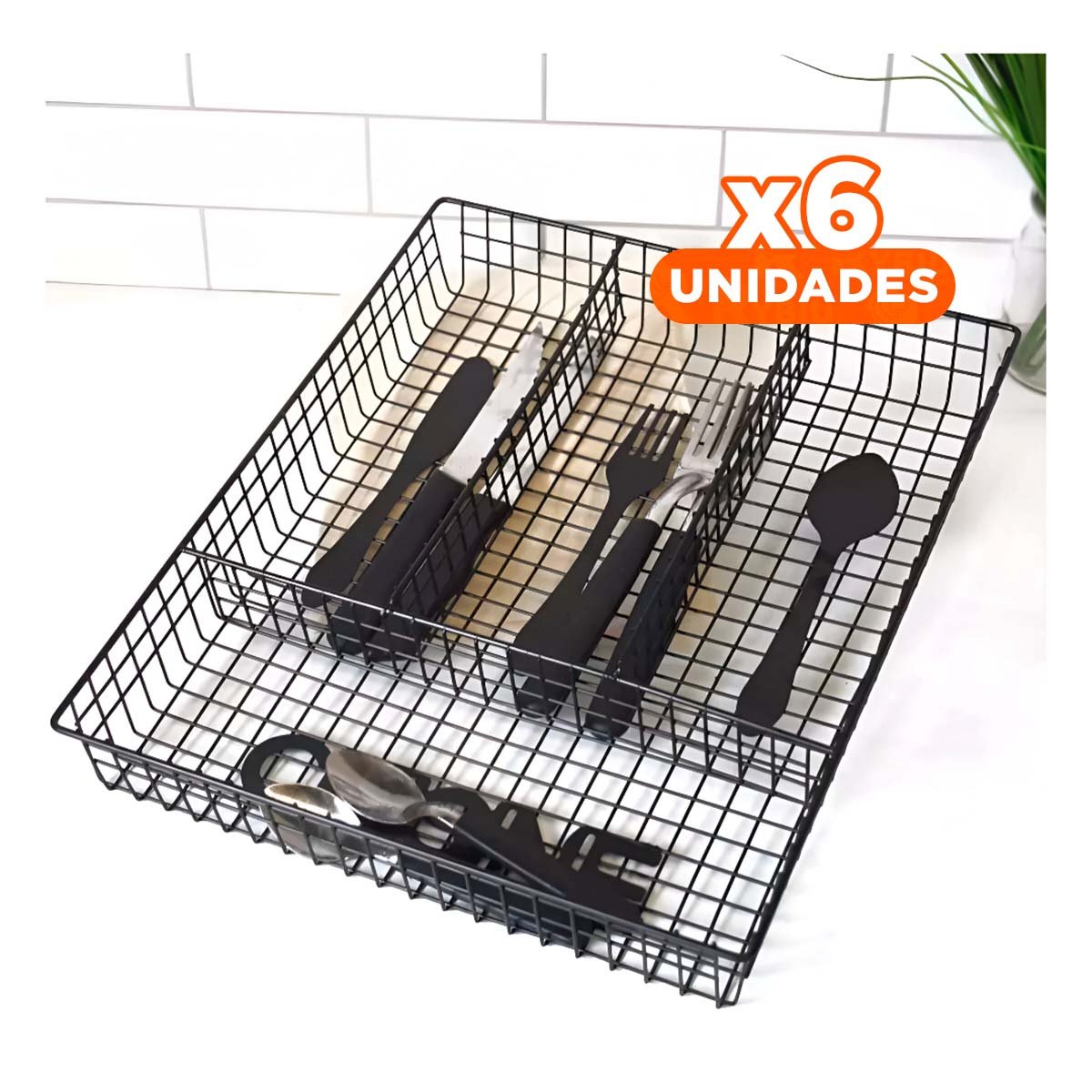 PACK6 CONTENEDOR ORGANIZADOR NEGRO CON 4 ESPACIOS FABRICADO EN METAL FIRME - 1