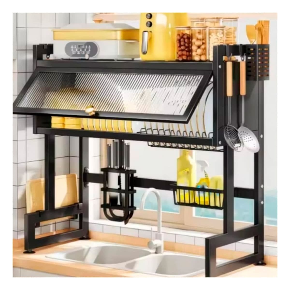 ESCURRIDOR DE PLATOS 85CM DOBLE NIVEL CON TAPA Y BANDEJA EXTRA NEGRO - 3