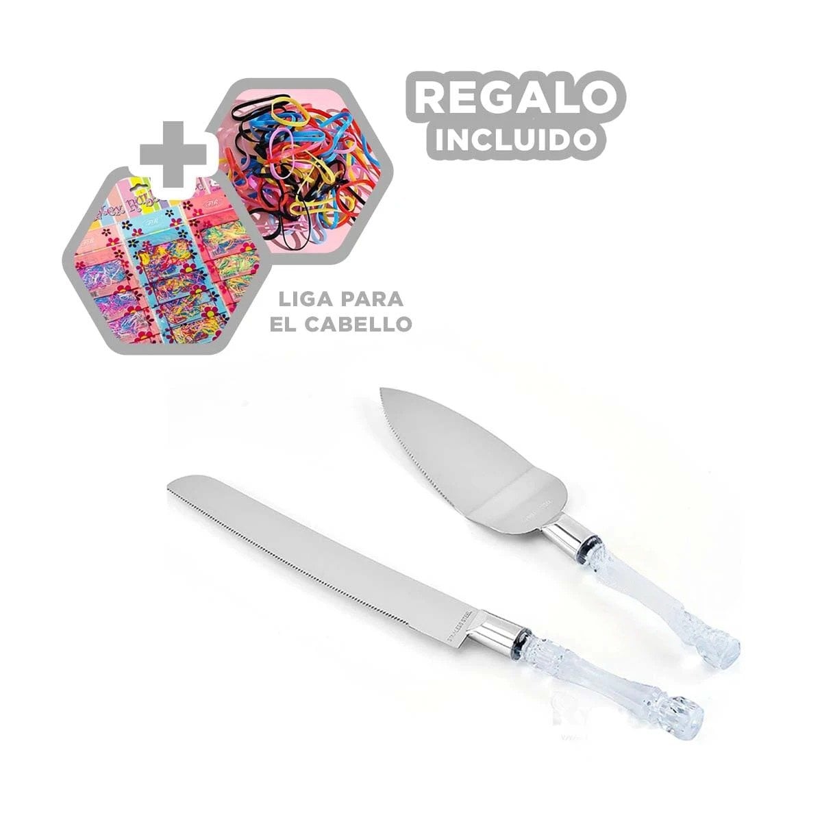 SET DE REPOSTERIA CON CUCHILLOS DE PASTEL Y ESPATULA MANGO DE ACRILICO PLATEADO Y+LIGAS REGALO - 2