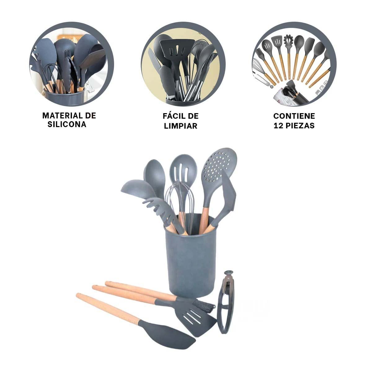 SET COMPLETO DE 12 PIEZAS EN SILICONA COLOR GRIS PARA PREPARACION DE ALIMENTOS Y+PAPEL REGALO - 5