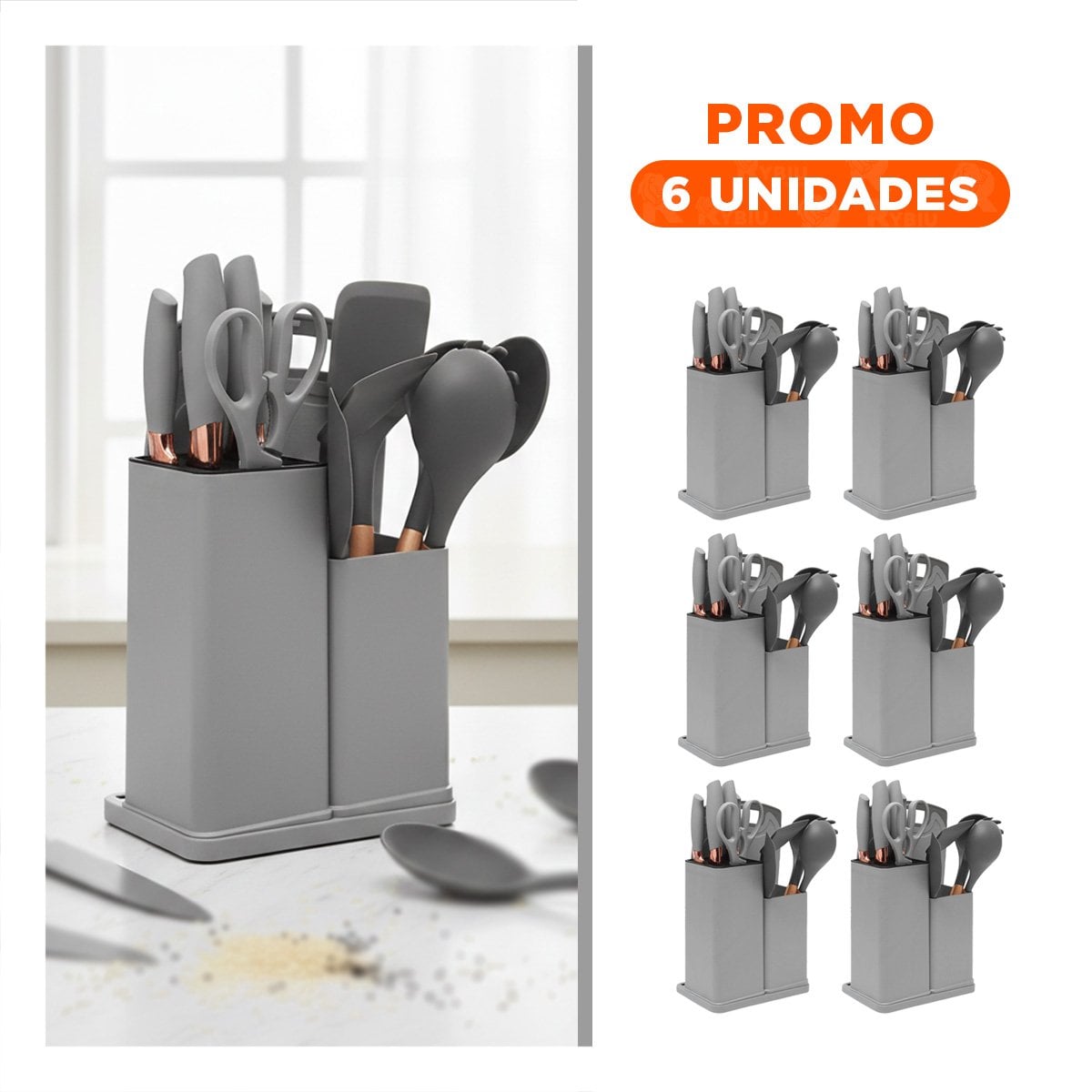 PACK6 EQUIPO COCINA PROFESIONAL CON TABLA 18 PIEZAS PLOMO INOXIDABLE Y+REGALO STICKER - 1