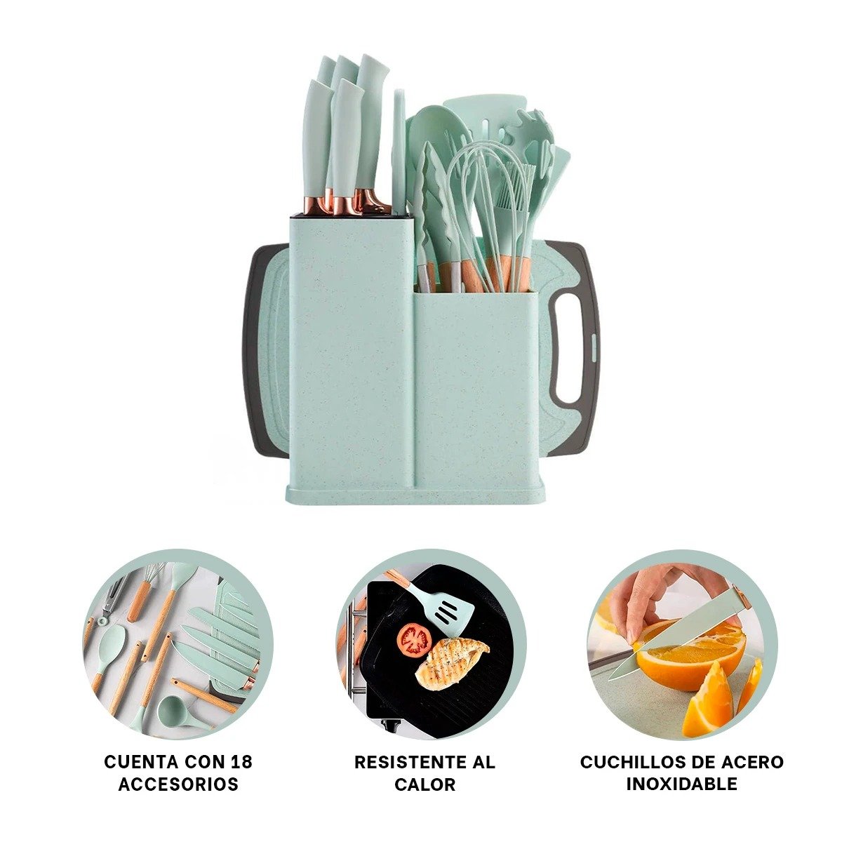 SET ACERO INOXIDABLE 18 PIEZAS INTEGRADAS A COCINA PROFESIONAL EN VERDE Y+POST IT - 5