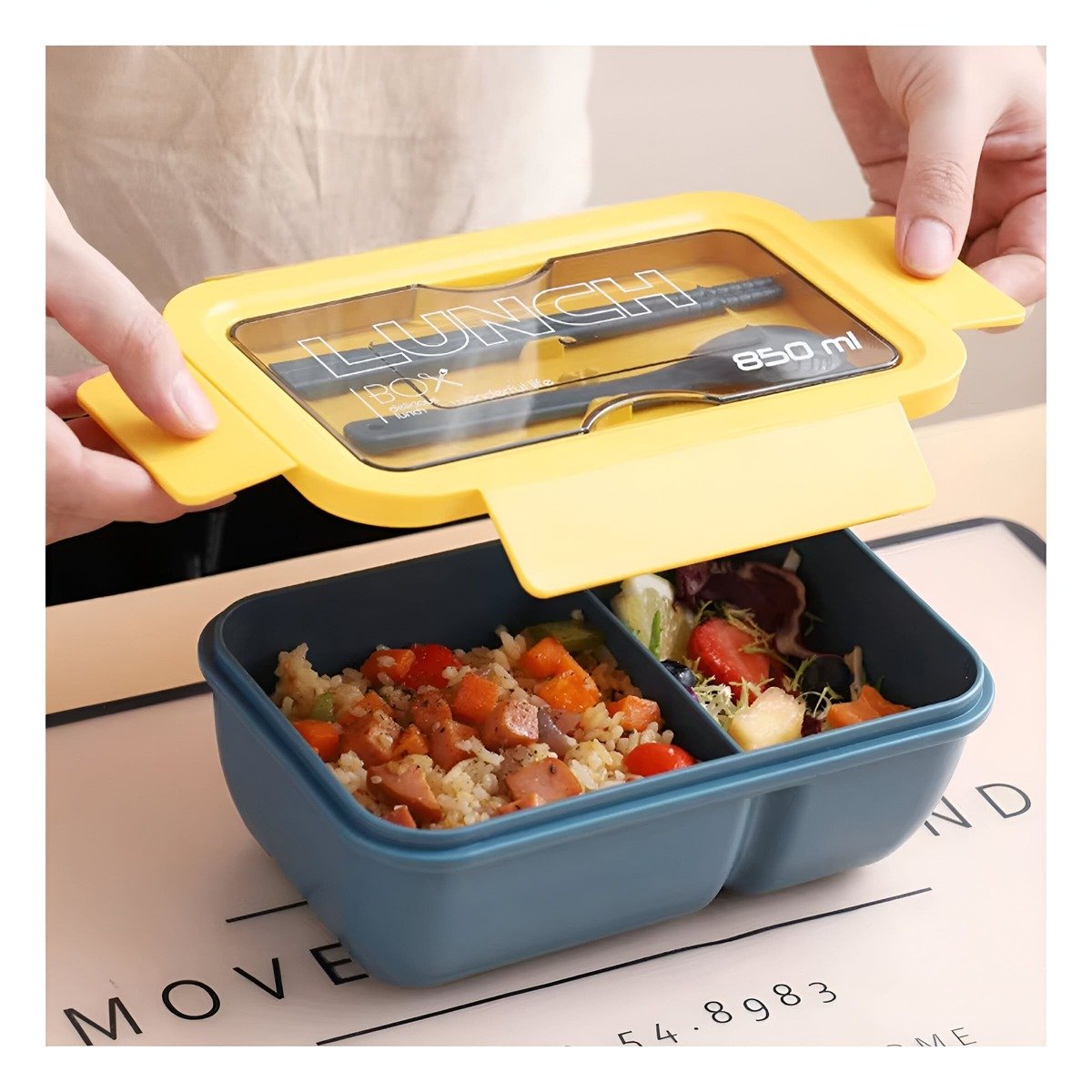 PACK6 CAJA HERMÉTICA 850ML CON CUBIERTOS AZUL Y AMARILLO PARA GUARDAR ALIMENTOS Y+PAPEL REGALO - 5