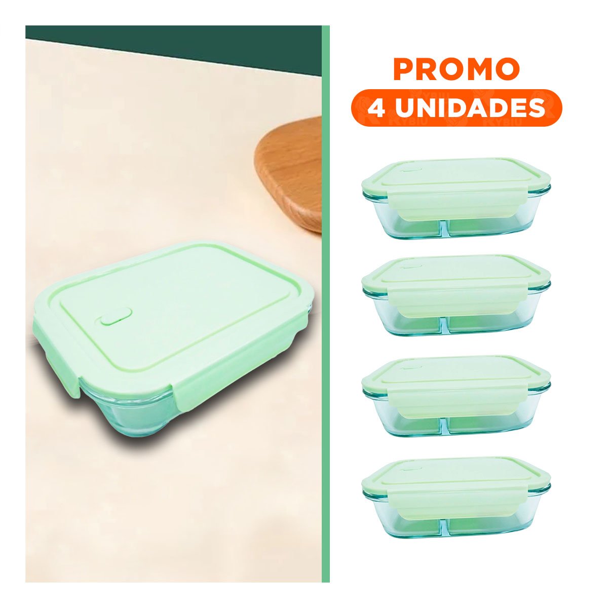 PACK4 RECIPIENTE DE COCINA EN VIDRIO VERDE CON 3 DIVISIONES PRACTICAS - 1