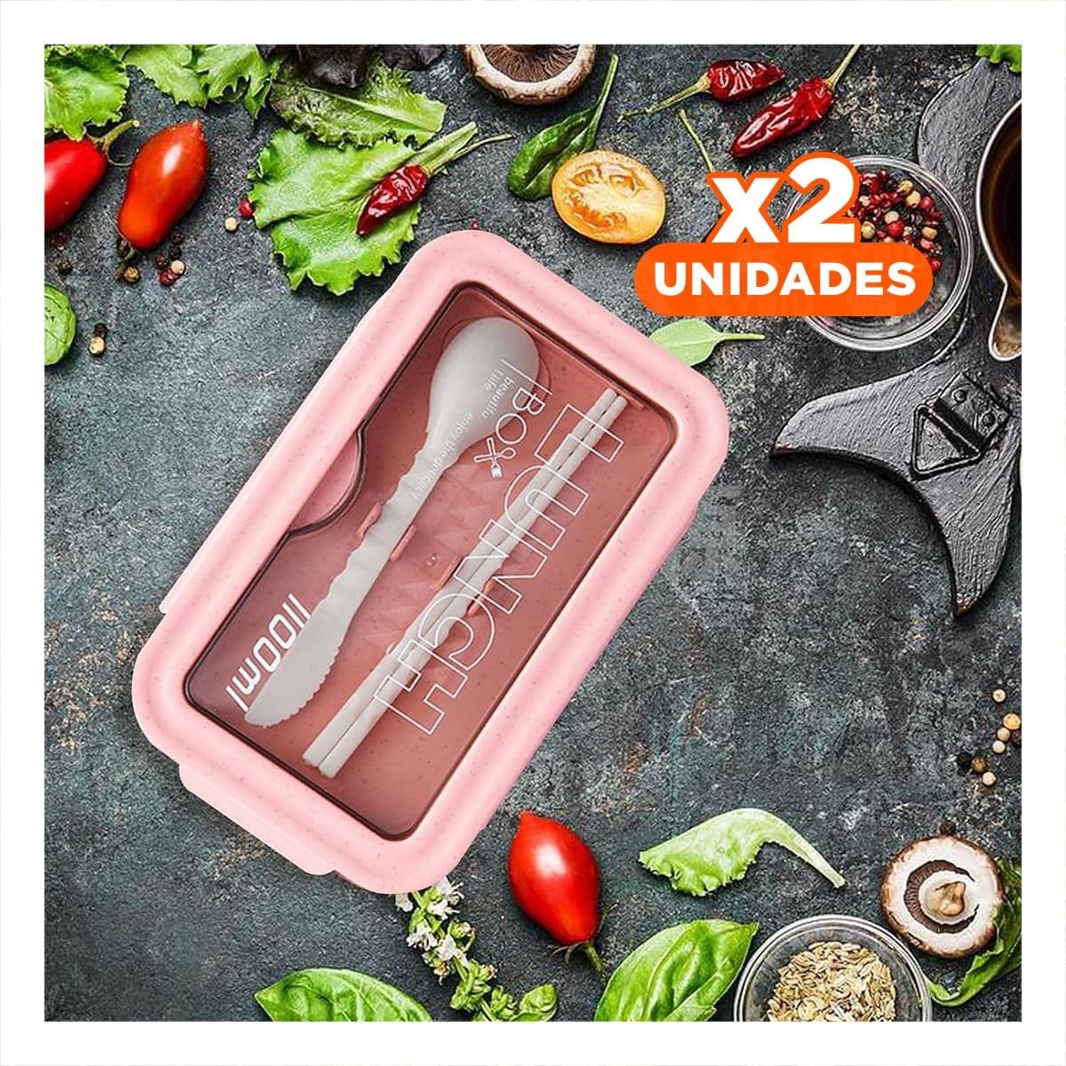 PACK2 LONCHERA CON DOS ESPACIOS INTERNOS 1100ML ROSADO CON CUBIERTOS PRACTICOS - 1