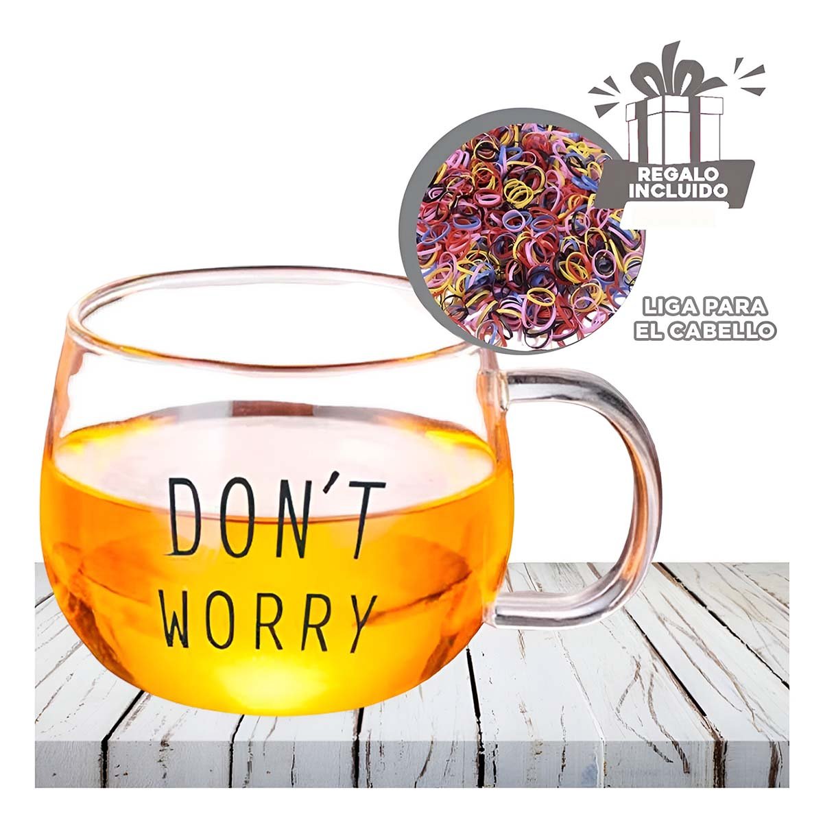 TAZA TRANSPARENTE DE VIDRIO 350 ML CON FRASE DONT WORRY INSPIRADORA Y+LIGAS REGALO - 2