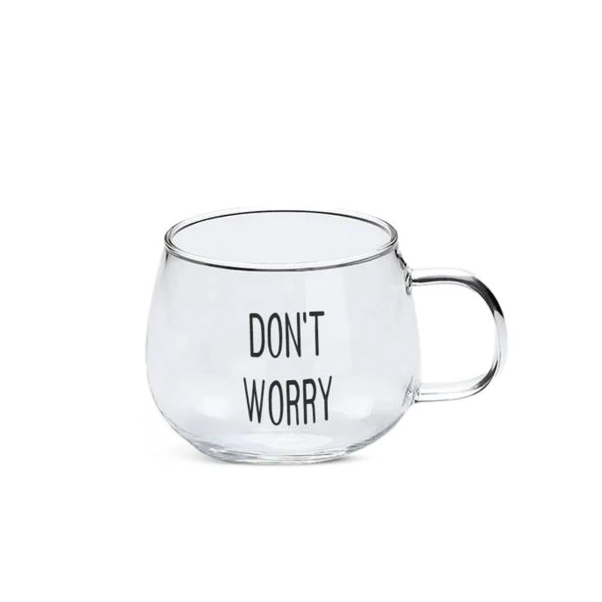 TAZA TRANSPARENTE DE VIDRIO 350 ML CON FRASE DONT WORRY INSPIRADORA Y+LIGAS REGALO - 5