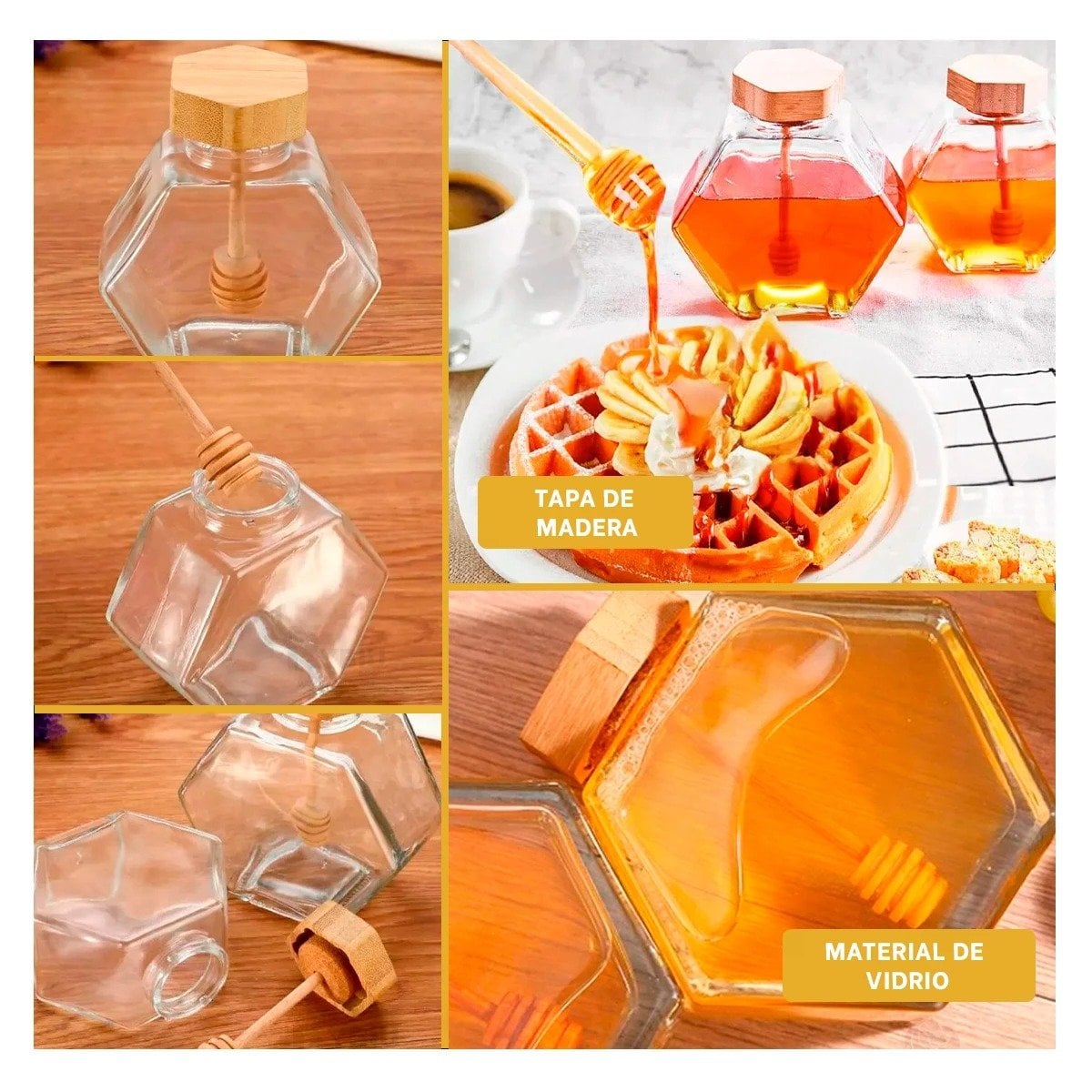 FRASCO CON TAPA DE MADERA PARA COCINA EN VIDRIO 380ML USO DIARIO Y+LIGAS REGALO - 1