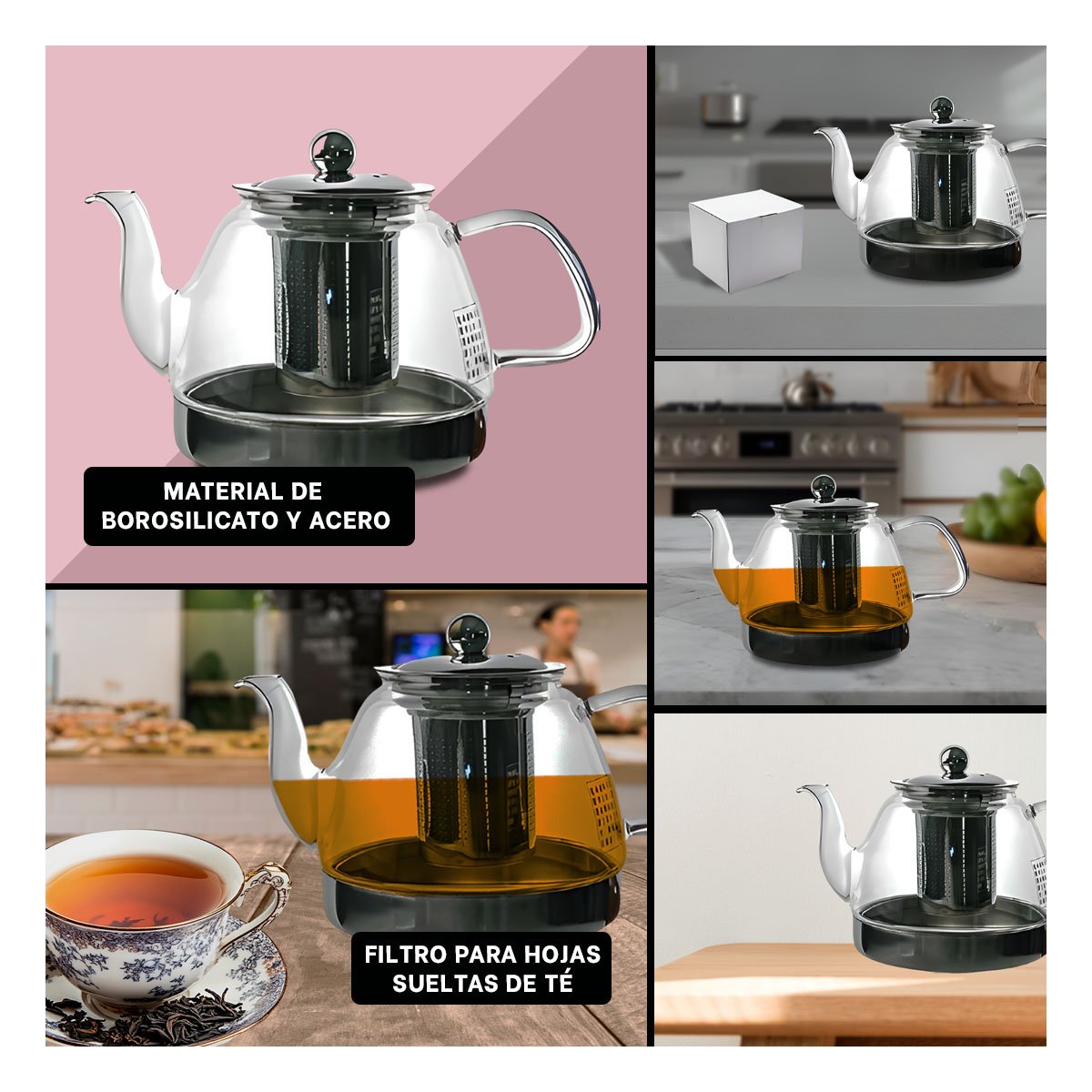 TETERA DE INFUSION 800ML DE COLOR TRANSPARENTE CON BOROSILICATO Y ACERO YPAPEL REGALO - 3