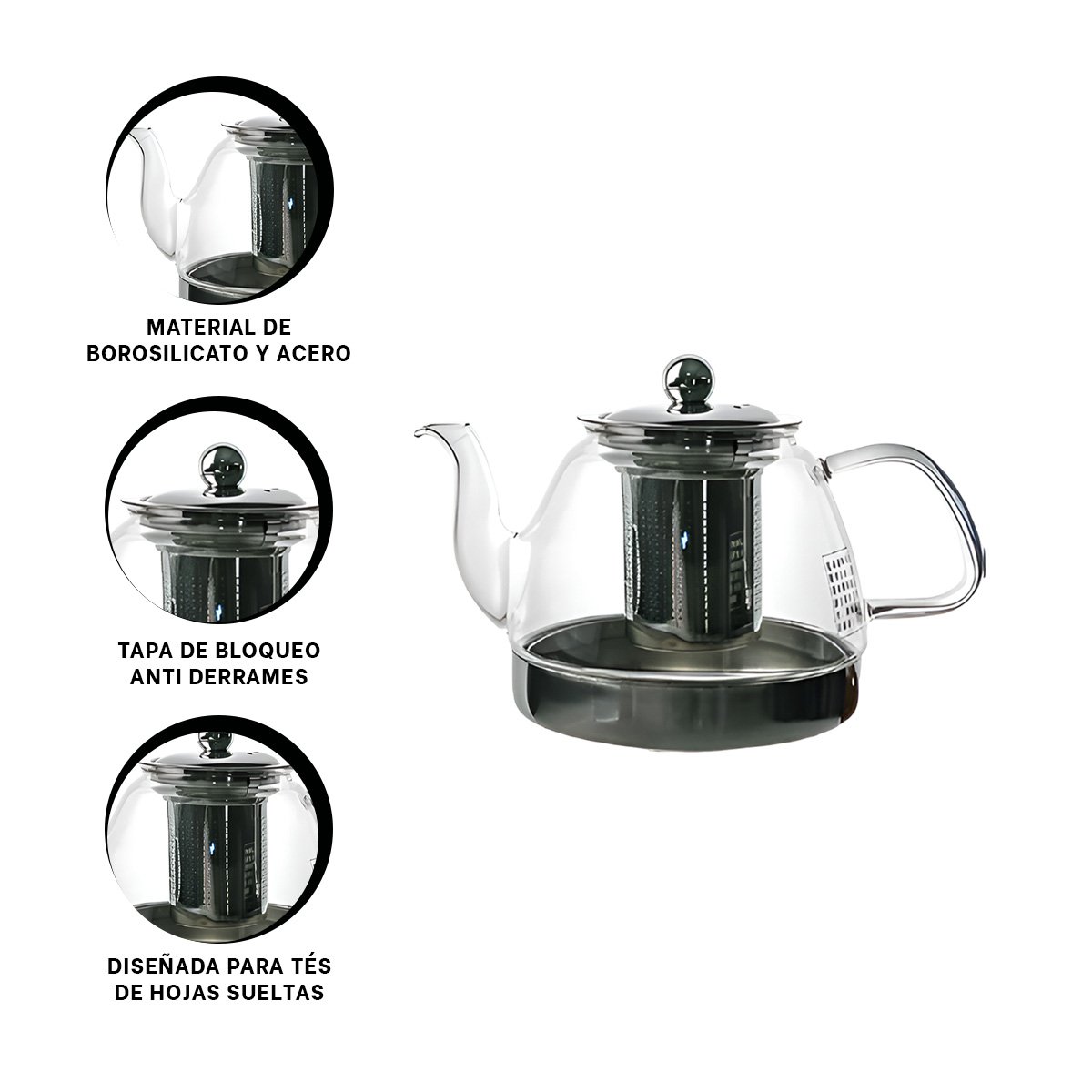 TETERA DE INFUSION 800ML DE COLOR TRANSPARENTE CON BOROSILICATO Y ACERO YPAPEL REGALO - 5