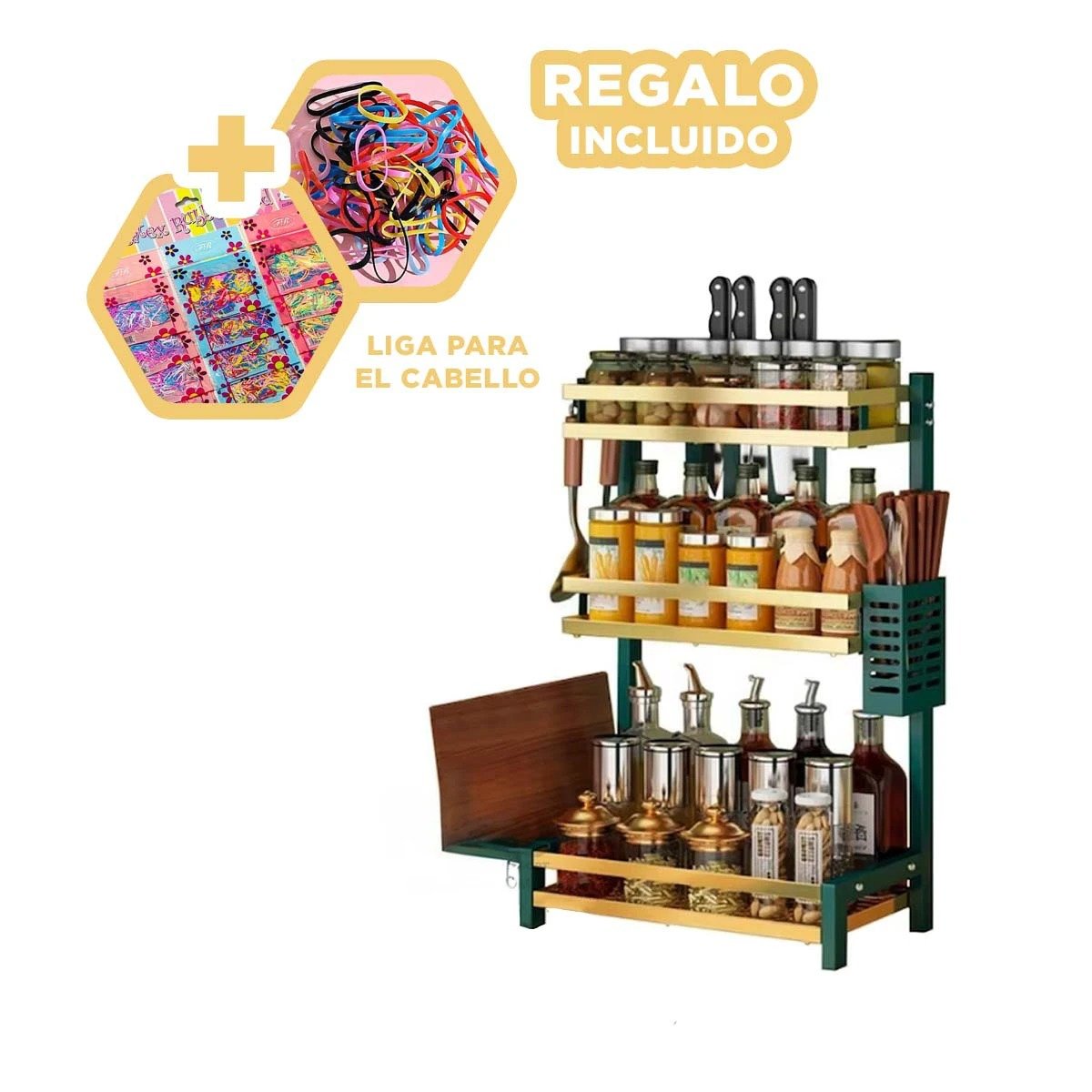 ORGANIZADOR EN COLOR VERDE DORADO PARA CONDIMENTOS CON ESTRUCTURA DE 3 NIVELES Y+LIGAS REGALO - 2