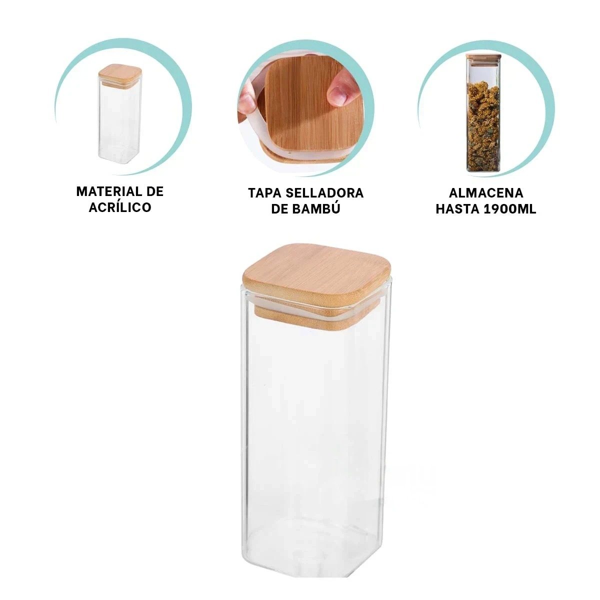 FRASCO DE ACRILICO CON TAPA DE BAMBU PARA FRUTAS SECAS TRANSPARENTE 1900ML Y+POST IT - 5