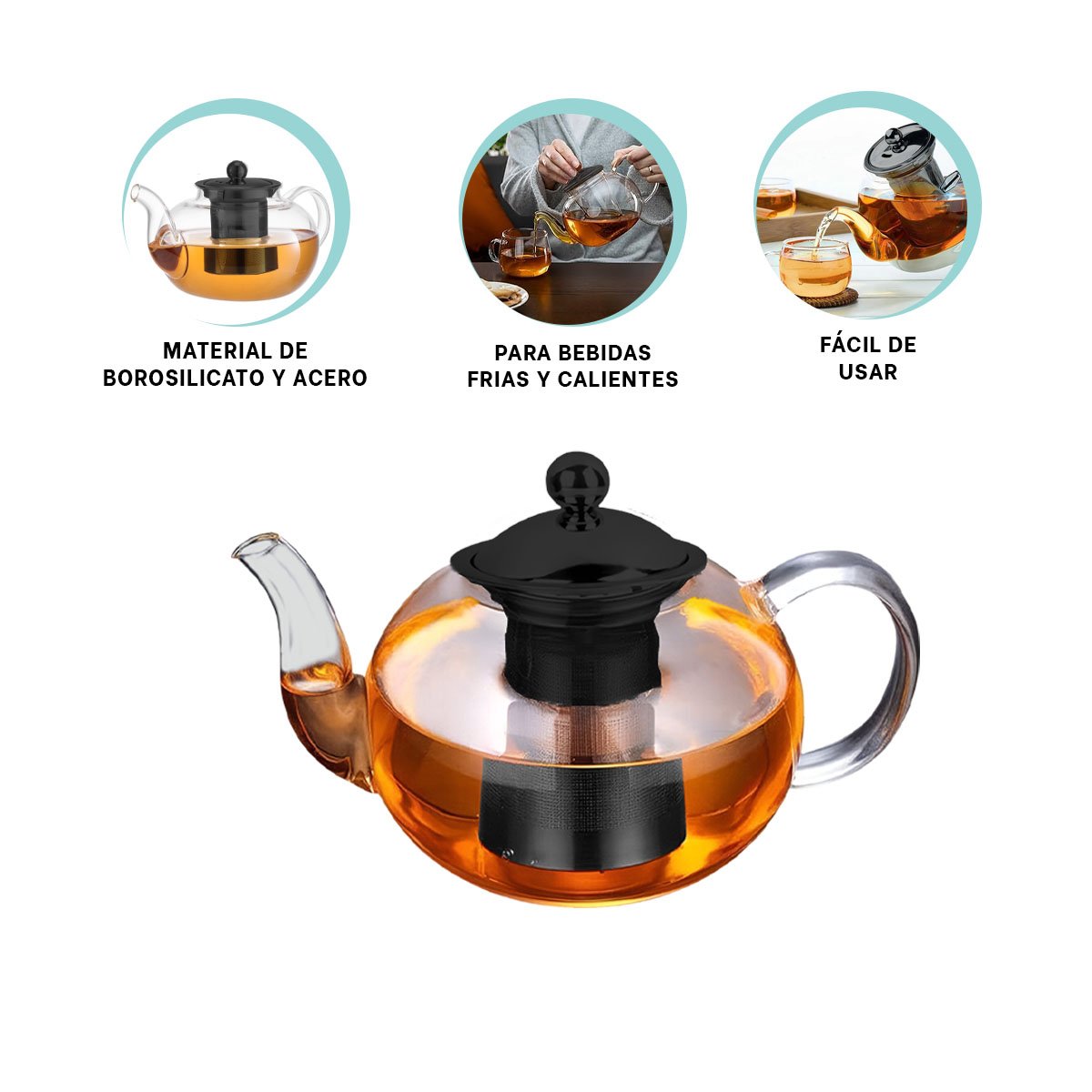 TETERA DE INFUSION 900ML TRANSPARENTE CIRCULAR CON BOROSILICATO Y ACERO YPAPEL REGALO - 5