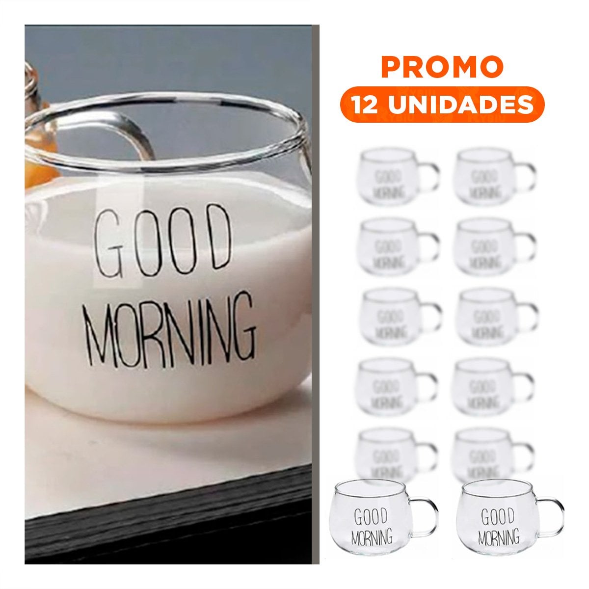 PACK12 VASO 350 ML TRANSPARENTE DE VIDRIO CON FRASE GOOD MORNING CON PRESENTACION ELEGANTE - 1