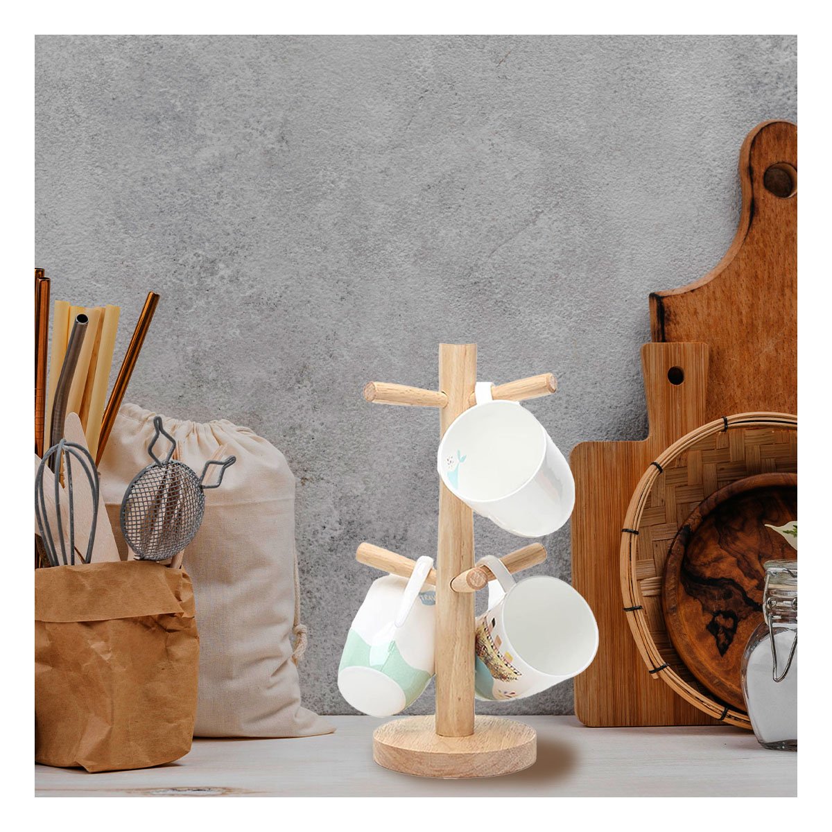 SOPORTE VERTICAL DE MADERA PARA 6 TAZAS Y FACIL ACCESO EN COCINA - 5