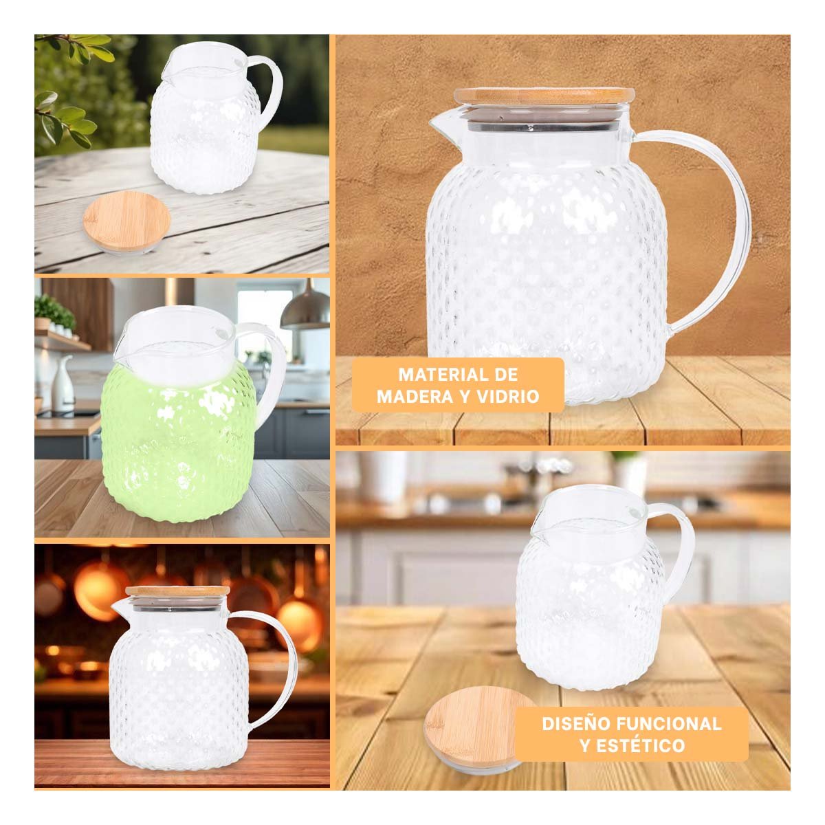 PACK4 ENVASE DE VIDRIO CON TAPA DE MADERA PARA BEBIDAS FRESCAS TRANSPARENTE YREGALO STICKER - 2