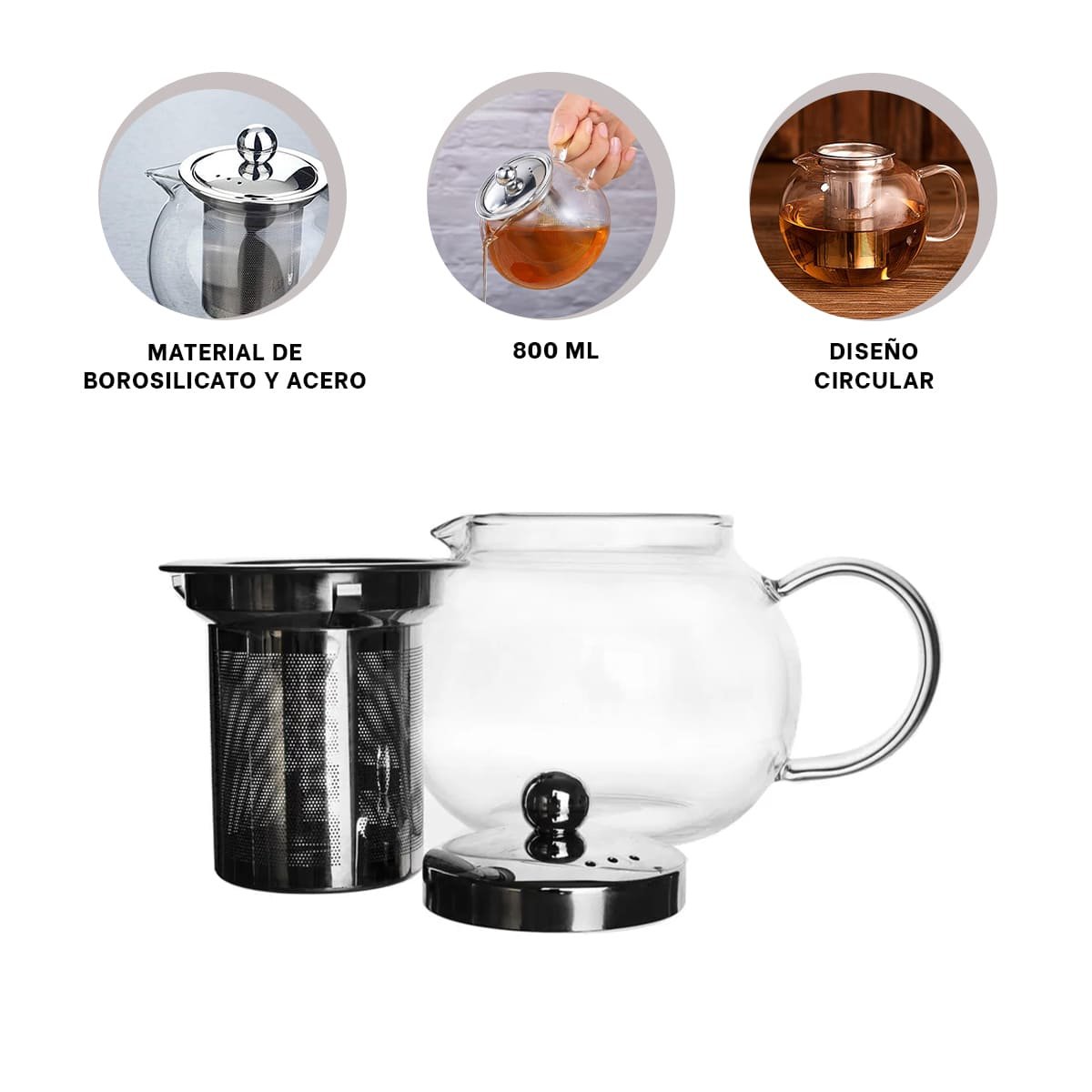 TETERA DE INFUSION 800ML TRANSPARENTE CIRCULAR CON BOROSILICATO Y ACERO YPAPEL REGALO - 5