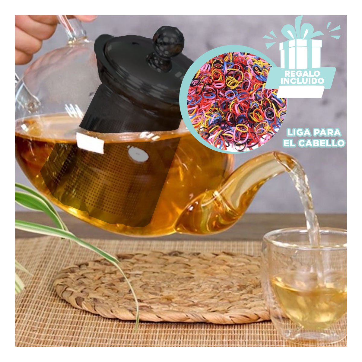 TETERA TRANSPARENTE 900ML DE FORMA CIRCULAR EN BOROSILICATO Y ACERO YLIGAS REGALO - 2