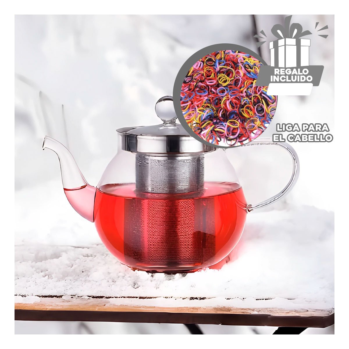 TETERA TRANSPARENTE 900ML DE FORMA CIRCULAR EN BOROSILICATO Y ACERO YLIGAS REGALO - 2