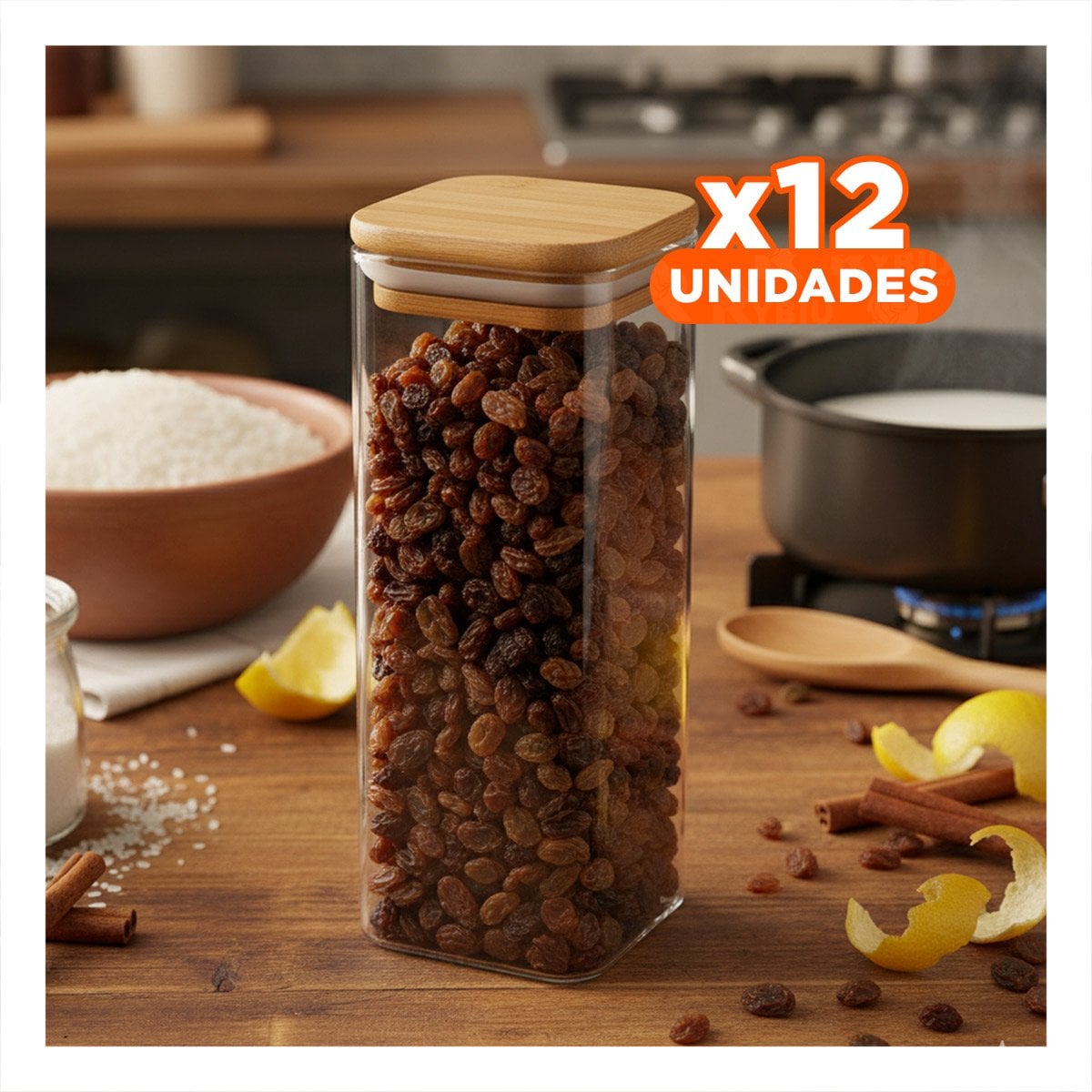PACK12 POTE ACRILICO CON TAPA DE BAMBU PARA SNACKS TRANSPARENTE 1900ML Y+PAPEL REGALO - 1